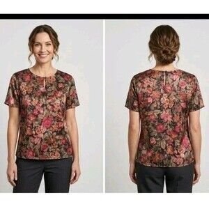 Vintage Elegant Dina Ariel Blouse Size M Floral/Gold Print Soft Keyhole USA